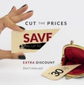 Black Friday banner. Female hand holding a cut price tag with opened vintage wallet below Ã¢â¬â cut piece below.